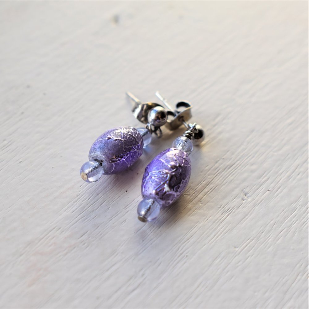 Purple Glass and Sterling Silver Dangle Earrings